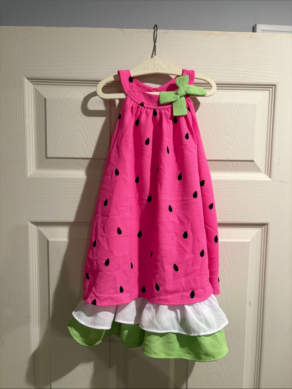 Good Lad Bright Pink Watermelon-Print Dress with Green Bow